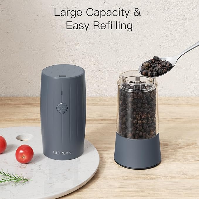 Ultrean Electric Salt and Pepper Grinder Set, Rechargeable Salt and Pepper Shakers, 6 Adjustable Coarseness, LED Light, Kitchen Gadget & Christmas Gifts, Blue-Grey