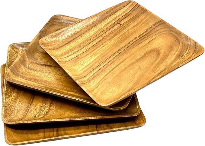 Wooden Plates Set of 4 – 12” Square Acacia Wood Dinner Plates & Wooden Charger Plates, Large Wood Chargers for Charcuterie, Steak, Entertaining & Holiday Table Settings