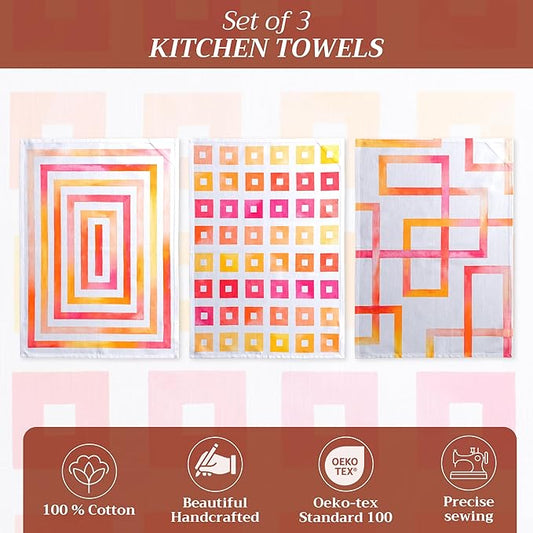 Maison d' Hermine Kitchen Towels Set of 3 100% Cotton 27.50" x 20" Reusable Cloth Tea Dish Towels Absorbent with Hanging Loop for Kitchen, Home, Dining, Cocktail Parties Spring/Summer (Summer Maze)