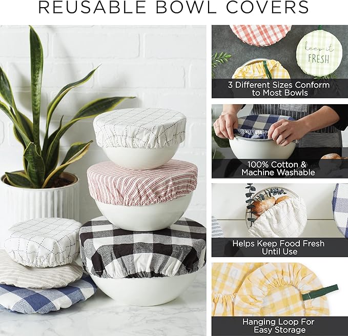 DII Reusable Cloth Bowl Cover Collection Machine Washable, Cotton with Elastic Stretch for Food Storage, 10.25"/8.25"/7.5" Diameter, Give Thanks Plaid, 3 Piece