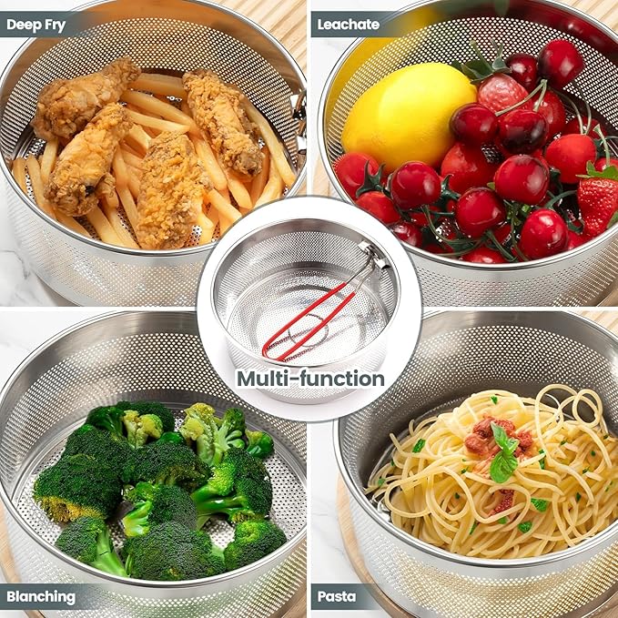 Tenta Kitchen Pasta Strainer Boiling Blanching Colander Vegetable Steamer Basket Stainless Steel Fryer Basket with Removable handle Insert for Veggie Fish Seafood Cooking and heat food 8 inch