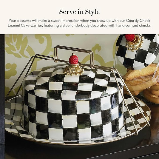 MACKENZIE-CHILDS Enamel Cake Carrier, Cake-Dish Serving Platter with Lid and Handles, Black-and-White Courtly Check