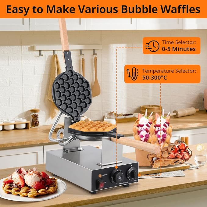 Garvee Electric Bubble Waffle Maker, 2800W Round Waffle Iron Bubble Waffle Maker Non-Stick Egg Machine for Home and Commercial Use, Single