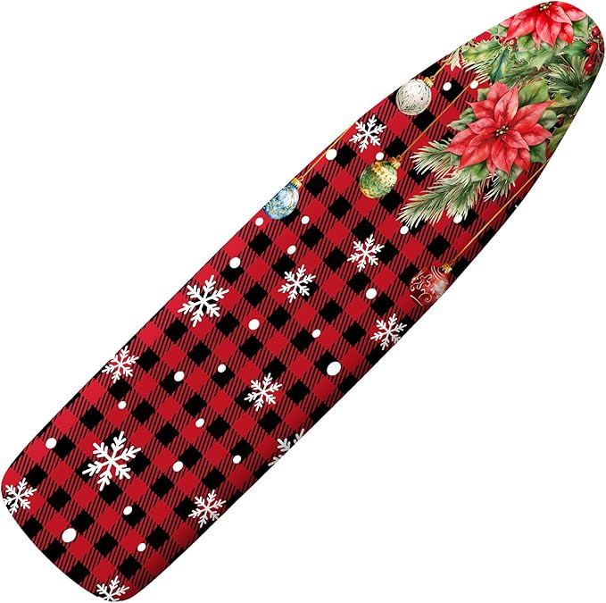 Extra Thick Ironing Board Cover and Pad,Christmas 15x54 Ironing Board Cover, Resist Scorching and Staining,Christmas Snowflake Pine Tree Ball Xmas Red Black Check