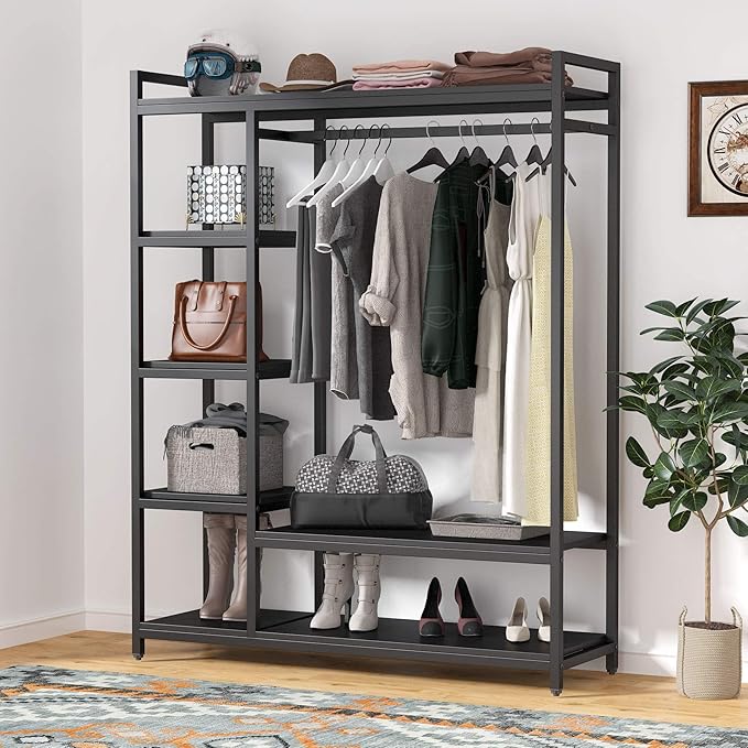 Tribesigns Free-standing Closet Organizer with 6 Storage Shelves and Hanging Bar, Large Standing Clothes Garment Rack（Black）