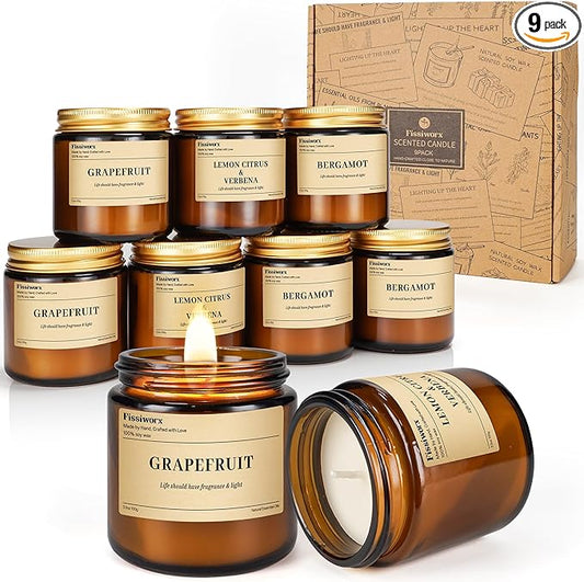 9 Pack Soy Candles for Home Scented | Grapefruit/Lemon Citrus/Bergamot Aromatherapy Candle Set in Amber Jar, Natural Scented Candles Gift for Women & Men, Birthday, Mother’s Day, Christmas