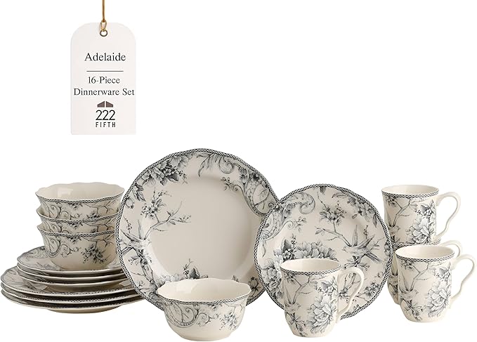 222 Fifth Adelaide 16-Piece Casual Grey Porcelain Dinnerware Set – Service for 4, Classic Toile Bird & Floral Design, Microwave & Dishwasher Safe, for Everyday Dining & Entertainment