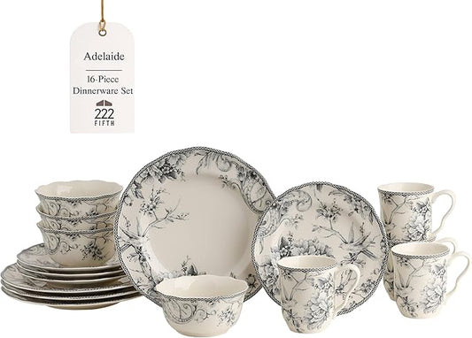 222 Fifth Adelaide 16-Piece Casual Grey Porcelain Dinnerware Set – Service for 4, Classic Toile Bird & Floral Design, Microwave & Dishwasher Safe, for Everyday Dining & Entertainment