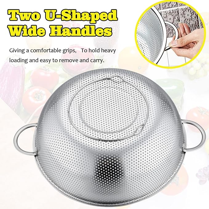 P&P CHEF Stainless Steel Colander, Micro-Perforated Food Strainer with Handle for Washing Draining, Great for Pasta Fruits Vegetables, Dishwasher Safe & Healthy, 3 + 5Qt, 2Pcs
