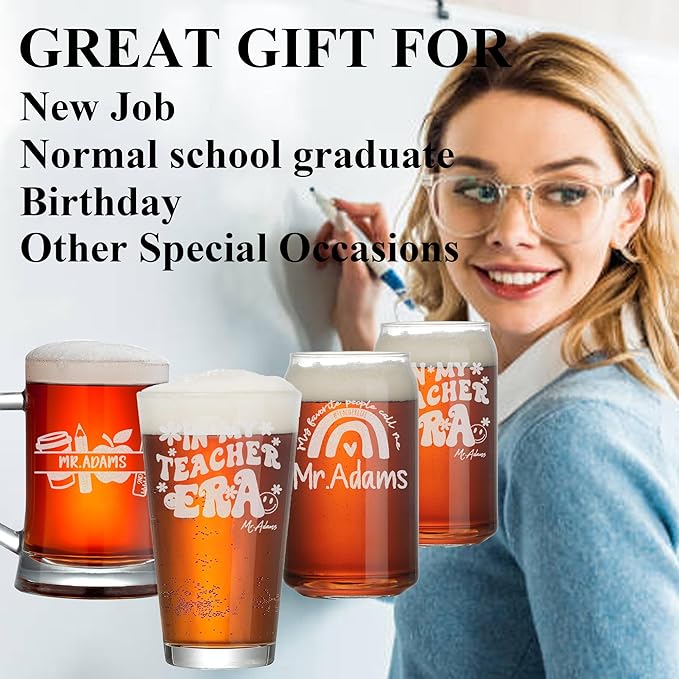 Personalized Teacher Gifts, Custom Beer Glasses for Women, Teachers Appreciation Gift, Engraved Funny Gift for Preschool Elementary High School Teacher Professor