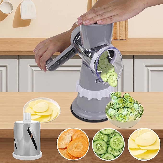 Rotary Cheese Grater Hand Crank with Peeler, Cheese Shredder with 3 Stainless Steel Changeable Blades, Kitchen Food Slicer with Non-Slip Suction Base for Cheese Fruit Vegetables Nuts (Gray)