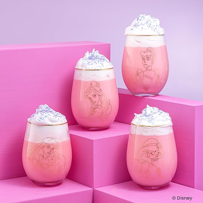 JoyJolt Disney Princess Sketch Stemless Drinking Glasses, 19oz Glass Cups ft Princess Jasmine Ariel Belle Cinderella, Disney Princess Kitchen Glassware Set of 4, Disney Gifts for Adults