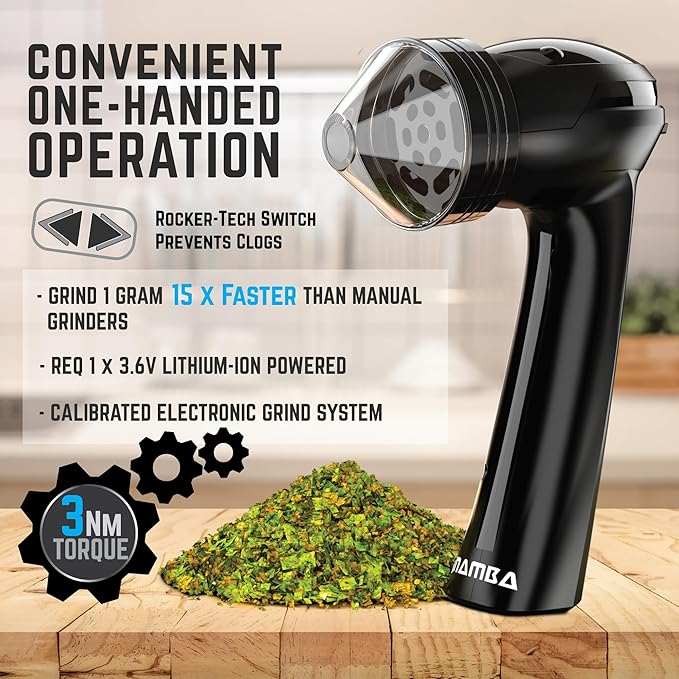 Mamba Original 1g Black USB Electric Herb Grinder. Small Portable Metal Herbal Machine & Spice Mill for the Kitchen