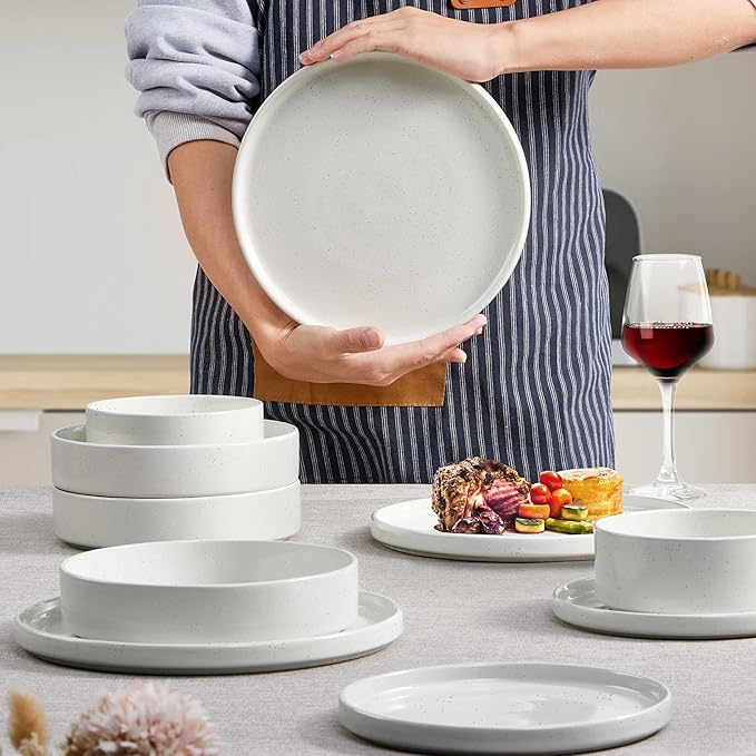 Herogo 24 Piece Dinnerware Sets with Pasta Bowls for 6, Dinner Salad Plates and Cereal Serving Bowls, Stoneware Dishes Dinner Ware for Kitchen Dining, Dishwasher & Microwave Safe, Speckled White
