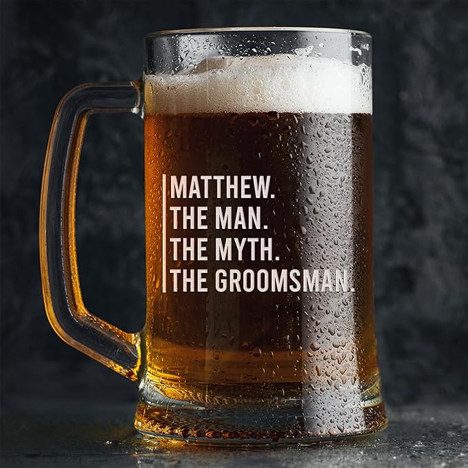 Groomsmen Gifts - Personalized Beer Mugs - Groomsmen Proposal Gift Idea - Customized Gift for Groom, Best Man, Groomsman - Custom Engraved Beer Mugs for Grooms Men - Groomsmen Beer Glasses (Design F)