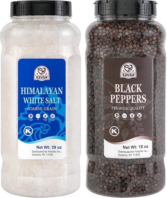 52USA Himalayan White Salt (Coarse Grain) 39 oz + Whole Black Peppercorns 18 oz, Salt and Pepper Grinder, Black Peppercorn Refil, Sea Salt for Grinder Refill