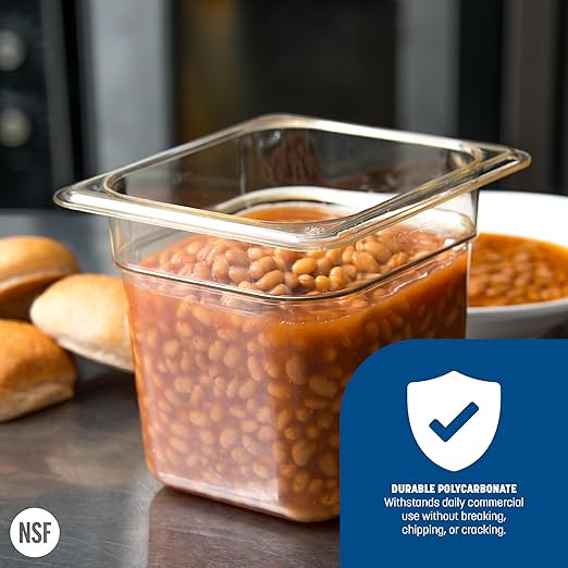 Carlisle FoodService Products StorPlus High-Heat 1/6-Size Food Pan, 6 Deep Food Storage Container with 2.5 Quart Capacity, High Heat Plastic, 1/6 Size, Amber, (Pack of 6)