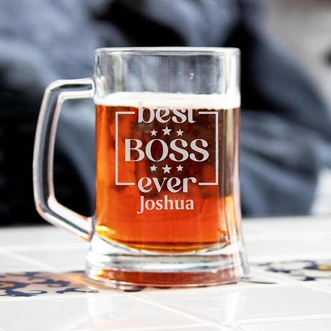 Personalized Boss Gifts for Men, Custom Beer Glass with Engraved Name, Birthday Farewell Retirement Christmas Boss Day Gift for Coworkers Staff Leader Office Decor