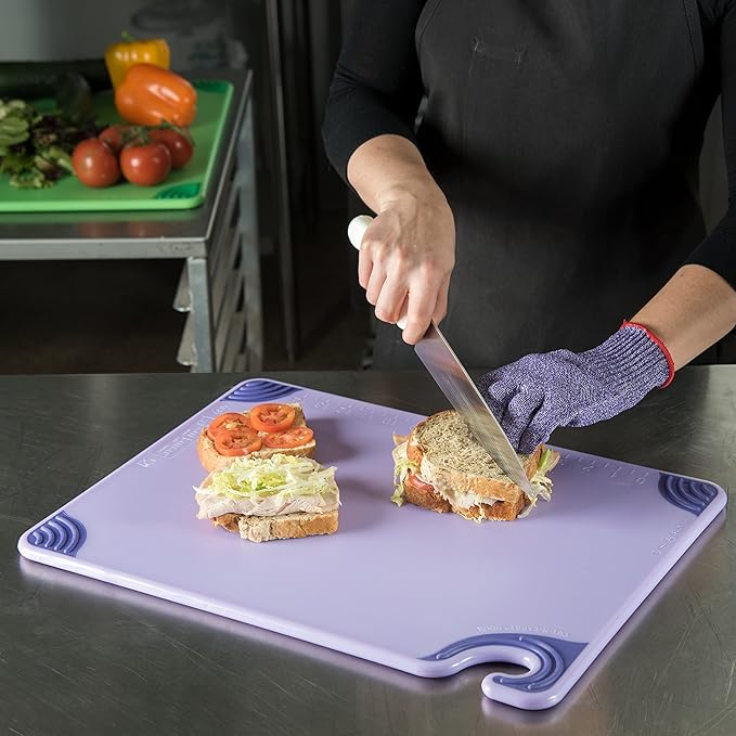San Jamar Saf-T-Grip Cutting Board for Restaurants, Saf-T-Zone Cutting Board, 15" X 20", Purple (Pack of 6)