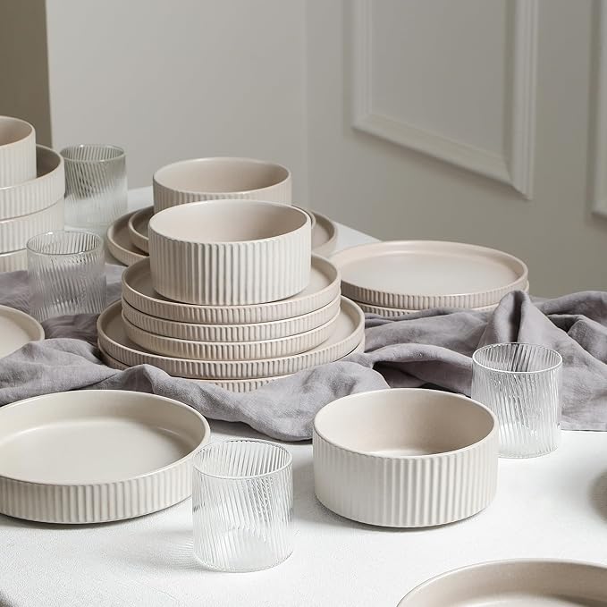 Stone Lain Haven Stoneware 16-Piece Dinnerware Set, Plates and Bowls Sets for 4, Dish Set, Includes Dinner sets, Salad Plates, Cereal Bowls, Glassware, Microwave & Dishwasher Safe, Beige