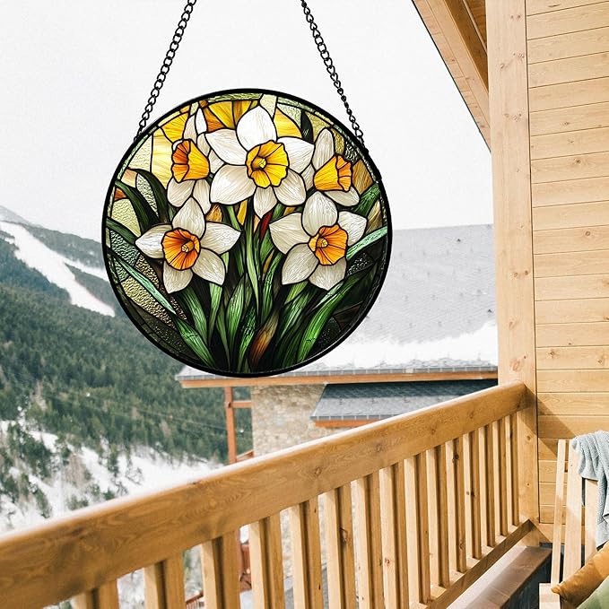 Stained Glass Window Hanging, Yellow and White Daffodils Sun Catcher for Door Home Decor Plants Flowers Suncatcher Christmas Mother's Day Birthday Gifts for Women Men Mom Nana 15 in