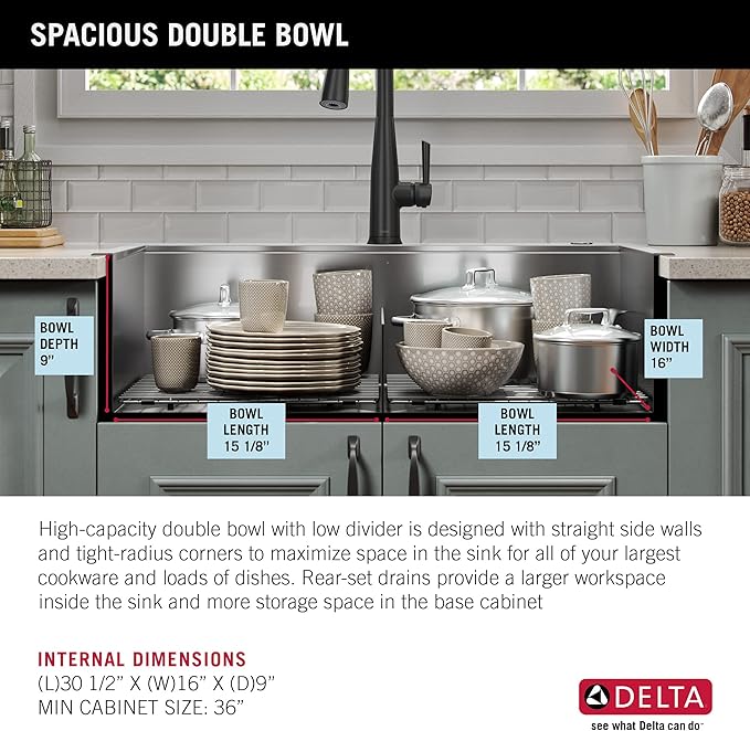 DELTA FAUCET Rivet 33-Inch Workstation Kitchen Sink Drop-In Top Mount 16 Gauge Stainless Steel 50/50 Double Bowl with WorkFlow Ledge and Chef’s Kit of 8 Accessories, 95A931-33D-SS