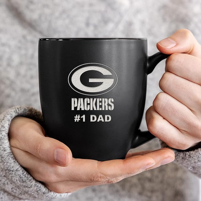 Rico Industries NFL Football #1 Dad 15oz Laser Engraved Matte Black Ceramic Bistro Mug - for Hot or Cold Drinks