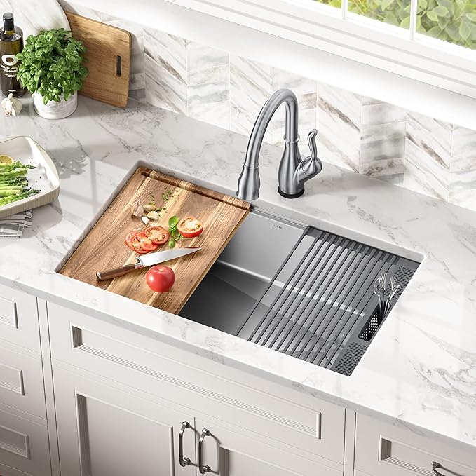 DELTA FAUCET 95B932-32S-SS Lorelai Workstation Kitchen Sink Undermount Stainless Steel Single Bowl with WorkFlow Ledge and Chef’s Kit of 6 Accessories