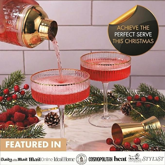VEMACITY - Luxury Gold Cocktail Shaker Set - 15oz Glass Shaker with Strainer + 2 Gold-Rim Ribbed Martini Glasses (10oz) & Bar Tools | Espresso Martini Glasses | Ideal for Christmas & New Years