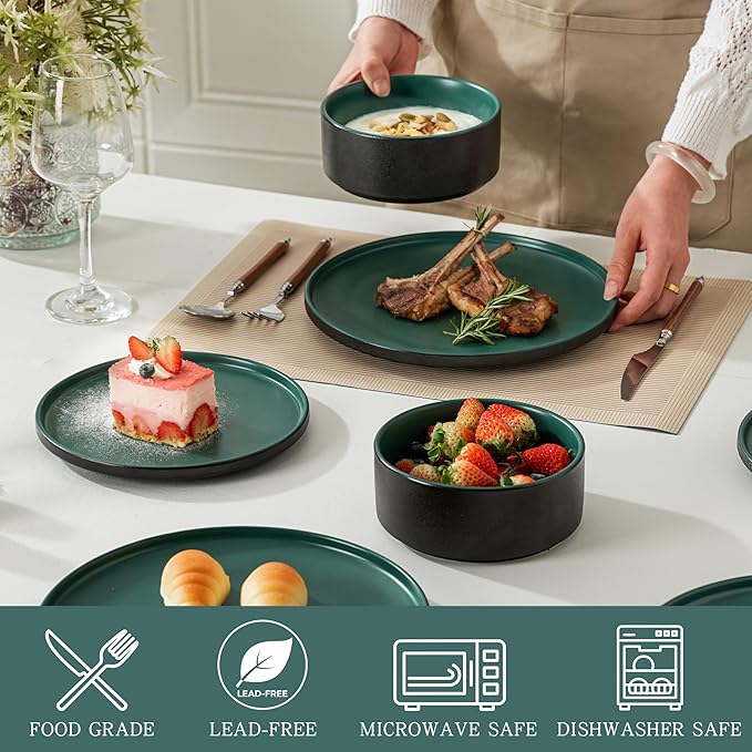 Stoneware Dinner Plates Set of 4, 10.25 Inch Plates for Steak, Pasta, Ceramic Plates Sets, Microwave Safe, Dishwasher Safe, Versatile for All Seasons, Matte Green