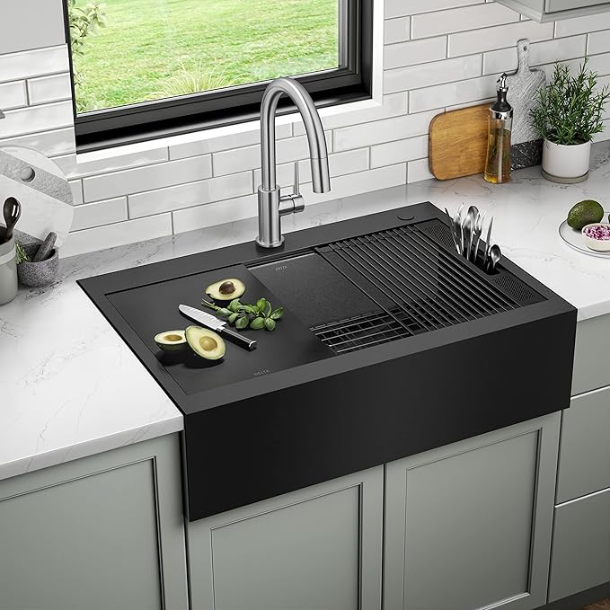 DELTA FAUCET Rivet 33 In Black Stainless Steel Retrofit Farmhouse Apron Front Workstation Kitchen Sink Single Bowl/PVD Gunmetal Finish w/ Accessories for Top Mount Drop-In Installation,95D9031-T33S-GS