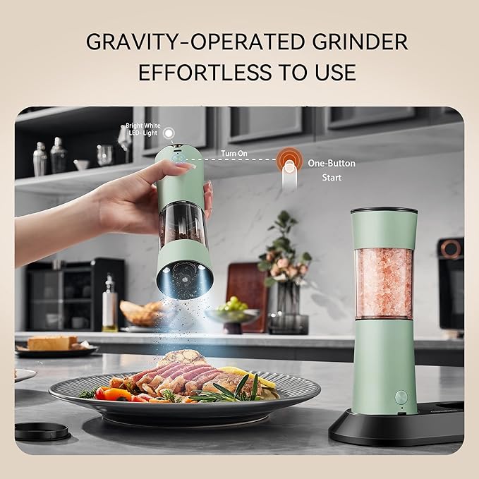 Gravity Electric Salt and Pepper Grinder Set–USB-C Rechargeable Charging Base Pepper Mill, Dual LED Light, Adjustable Coarseness,One-Handed Operation, Stainless Steel Sage Green Finish,2pack
