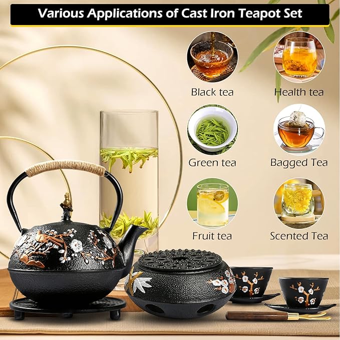 Dyna-Living Cast Iron Teapot with Warmer Japanese Tea Kettle 720ml/24.5oz Japanese Cast Iron Teapot Set with 2 Tea Cups Tea Pot with Infuser Tea Kettle for Wood Stove or Stovetop