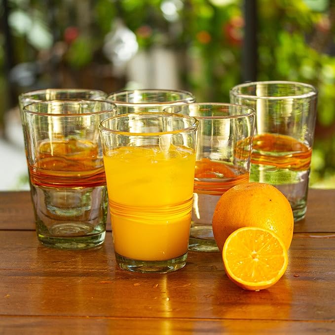 NOVICA Artisan Crafted Yellow Clear Hand Blown Recycled Glass Juice Glasses, 15 Oz. 'Ribbon Of Sunshine' (Set Of 6)