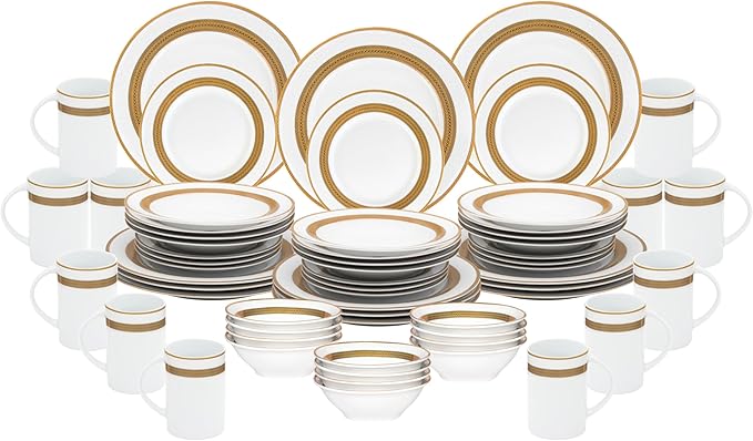 60 Piece Gorgeous Dinnerware Sets – Porcelain Plates, Mugs, Bowls – Elegant Vintage Rope Gold Design Dishware – White and Gold Dish Set for Kitchen Table, Formal Dining or Everyday Use (Rope Gold)
