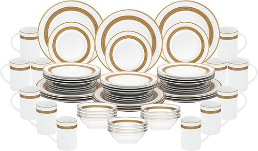 60 Piece Gorgeous Dinnerware Sets – Porcelain Plates, Mugs, Bowls – Elegant Vintage Rope Gold Design Dishware – White and Gold Dish Set for Kitchen Table, Formal Dining or Everyday Use (Rope Gold)