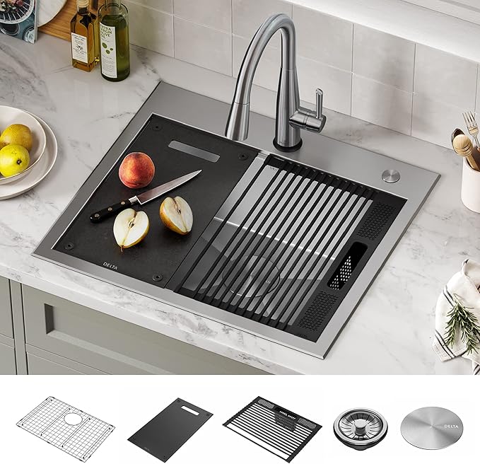 DELTA FAUCET Rivet 25-Inch Workstation Kitchen Sink Drop-In Top Mount 16 Gauge Stainless Steel Single Bowl with WorkFlow Ledge and Chef’s Kit of 5 Accessories, 95A931-25S-SS