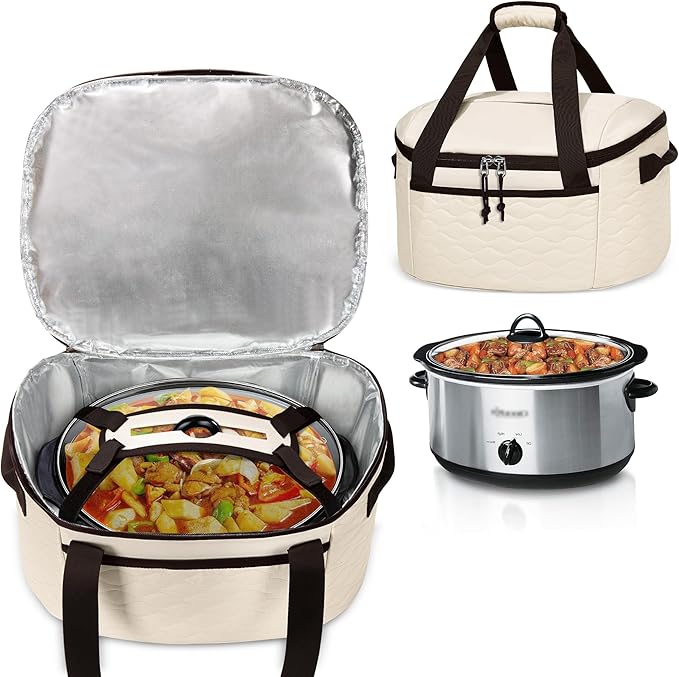 LUXJA Oval Slow Cooker Carrying Bag Compatible with Crock Pot 6-8 Quart, Insulated Slow Cooker Travel Bag with Lid Fasten Straps, Beige