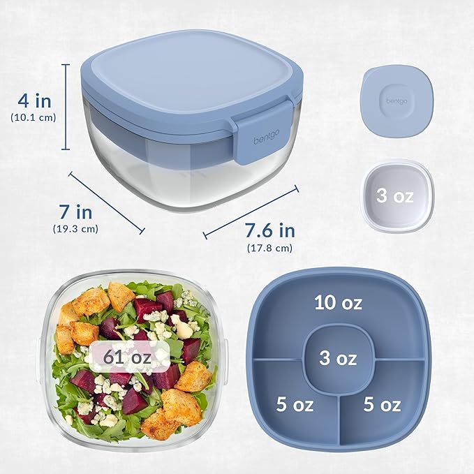Bentgo Glass All-in-One Salad Container - Large 61-oz Salad Bowl with Lid, 4-Compartment Bento-Style Tray, 3-oz Sauce Container, and Reusable Fork - Dishwasher, Microwave, and Oven Safe (Light Blue)