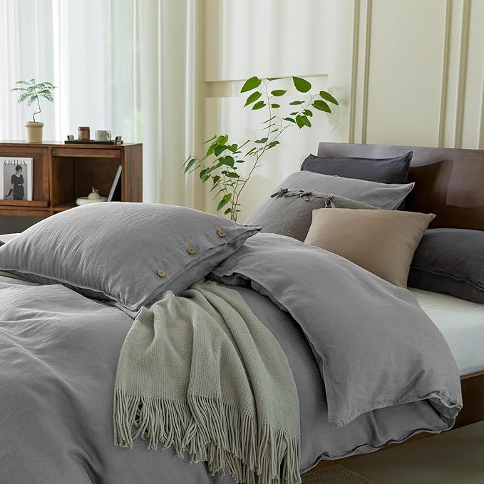EVERLY 100% Pure Linen Duvet Cover Set Twin Size 68X90Inch 2pcs (1 Duvet Cover,1Pillowcases) Soft and Breathable for All Season with Coconut Button Closure, Suitable for Hot Sleepers-Grey