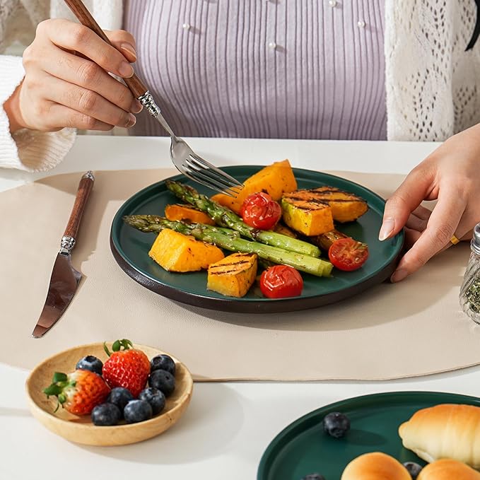 Stoneware Salad Plates Set of 4, 8 Inch Plates for Dessert, Ceramic Plates Sets, Microwave Safe, Dishwasher Safe, Versatile for All Seasons, Matte Green