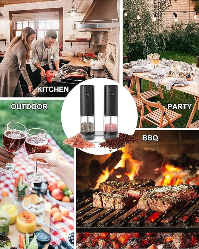 Electric Salt and Pepper Grinder Set: - Battery Powered Pepper Mill Automatic Salt Shakers Adjustable Coarseness White Light One Hand Operation Storage Base