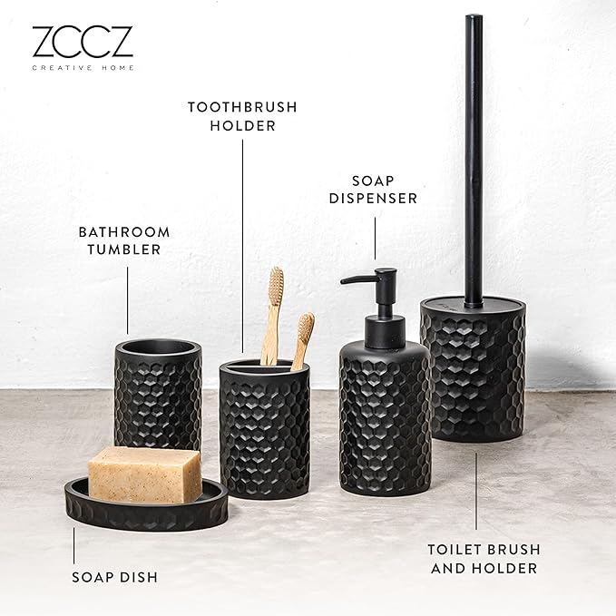 ZCCZ Bathroom Accessories Set 5 Pcs - Soap Dispenser, Toilet Brush, Toothbrush Holder, Tumbler, Soap Dish - Vintage Decor for Countertop Vanity Organizer, Black Bathroom Accessory Collection
