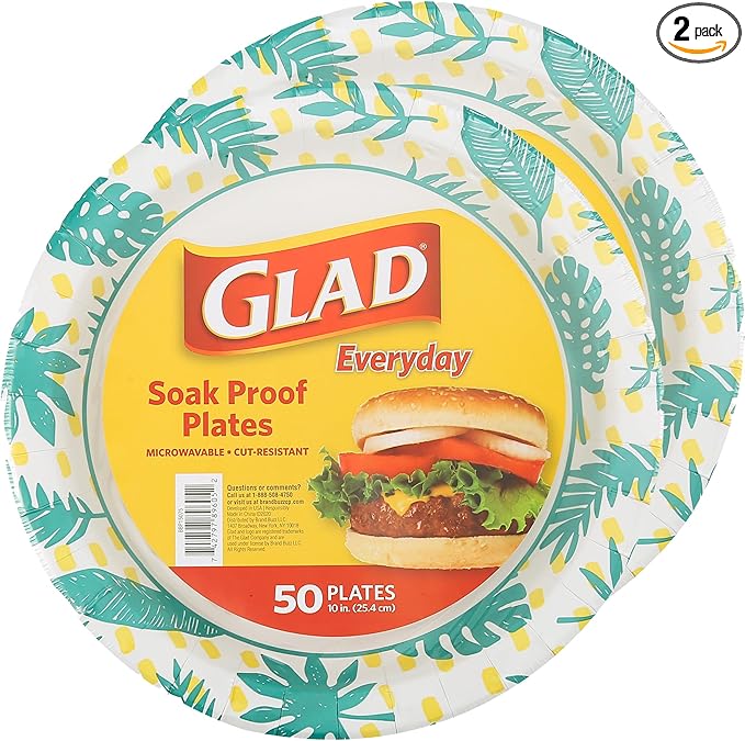 Glad Round Disposable Paper Plates, Palm Leaves Pattern - Strong, Sturdy, Soak Proof, and Microwavable Decorative Plates for Dinner and Everyday Use, 10 Inch, 50 Count - 2 Pack