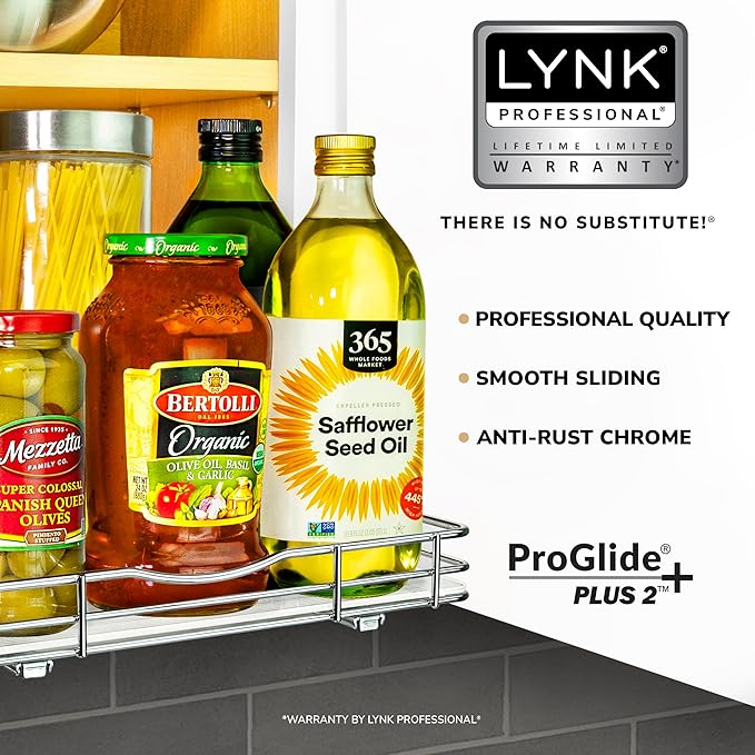 LYNK PROFESSIONAL® Pull Out Spice Rack Organizer for Inside Kitchen Cabinets - 12-3/8 inch Wide - Slide Out Drawer – Chrome Sliding Spice Cabinet Organization Shelf Racks - 1 Tier
