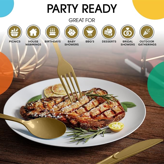 Party Solids Gold Plastic Silverware Heavy Duty 150 Pieces Gold Disposable Silverware Heavy Duty, Utensil Sets, 50 Of Each Forks, Knives & Spoons Disposable Cutlery Set For Party Supplies