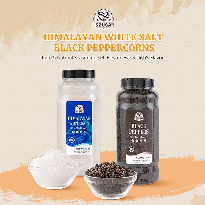 52USA Himalayan White Salt (Coarse Grain) 39 oz + Whole Black Peppercorns 18 oz, Salt and Pepper Grinder, Black Peppercorn Refil, Sea Salt for Grinder Refill