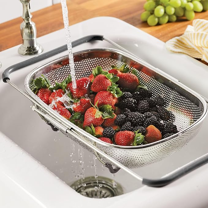 Rachael Ray Tools and Gadgets Over-The-Sink Colander/Strainer for Pasta, Fruits, Veggies, Expandable Silicone Grips, Dishwasher Safe, 4.5 Quart, Stainless Steel with Gray Handles
