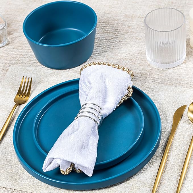 Plates and Bowls Sets for 4 - CJDC-QUELO 16 Piece Stoneware Dinnerware Sets with Mugs, Ceramic Dishware Sets for Kitchen Dining Use, Chip and Scratch Resistant Microwave Dishwasher Safe, Blue