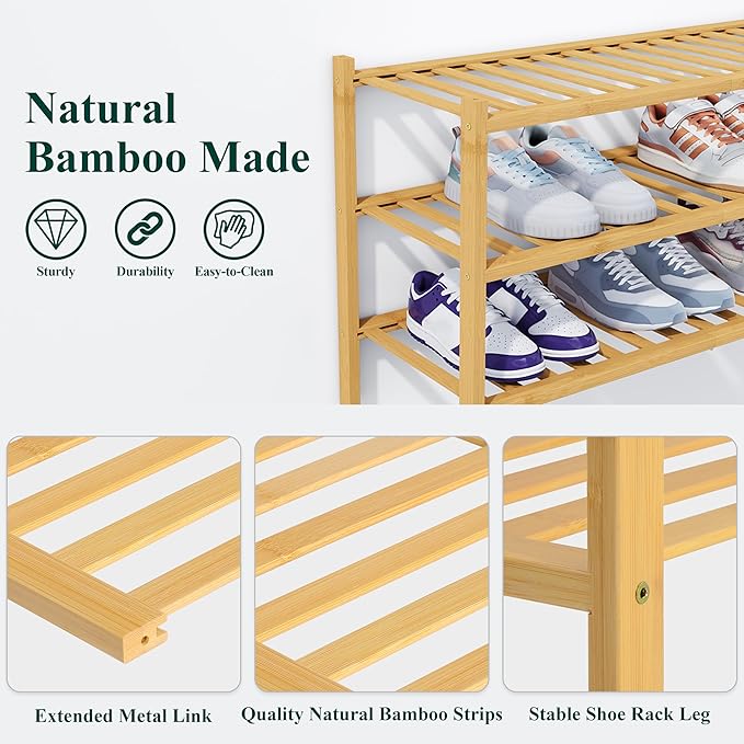 Smiry Shoe Rack, 5 Tier Thick Bamboo Shoe Organizer, Stackable Free Standing Wooden Shoe Storage Shelf for Closet, Entryway, Front Door Entrance, Natural